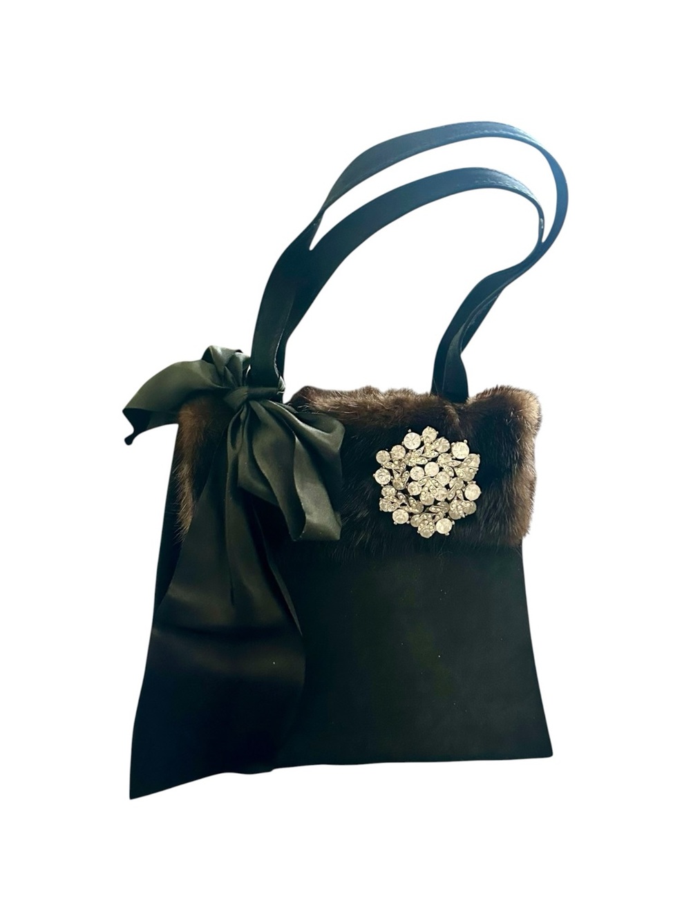 Elegant Black Mini Shoulder Bag with Fur Trim and Crystal Brooch